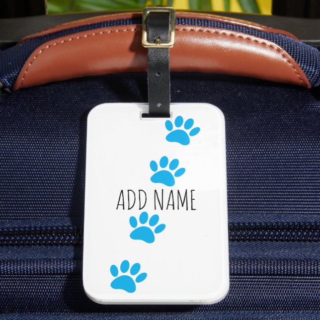 Blue Dog Paw Prints Individuelle Name Gepäckanhänger (Vorderseite Insitu 2)