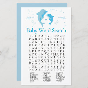 Blue Dolphin Baby Dusche Word Search Game