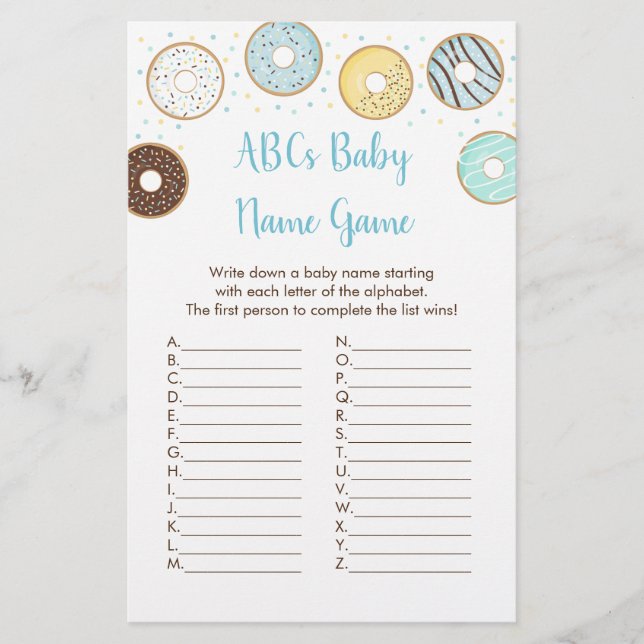 Blue Donut ABCs Baby Shower Name Game (Vorderseite)