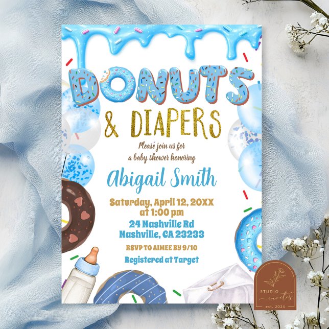 Blue Donuts and Diapers baby shower  Einladung (Von Creator hochgeladen)