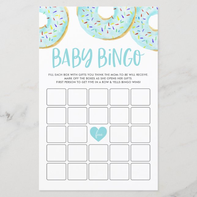 Blue Donuts Baby Dusche Bingo Game Card (Vorderseite)