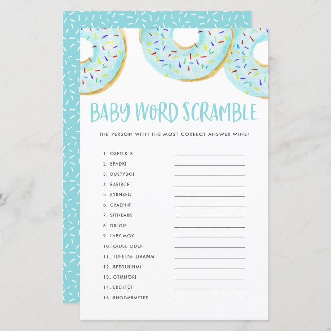 Blue Donuts Baby Word Scramble Baby Showspiel (Vorne/Hinten)
