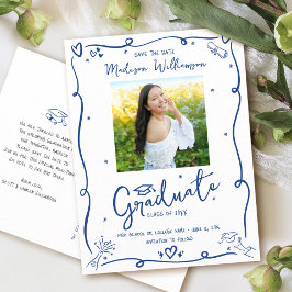 Blue Doodles Graduation Save the Date Photo White Einladungspostkarte