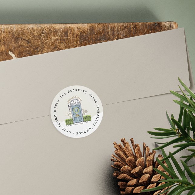 Blue Door Holiday Rücksendeadresse Runder Aufkleber (Von Creator hochgeladen)