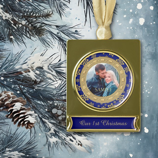 Blue Double Frame Snowflake Erste Weihnachten Banner-Ornament Gold (Von Creator hochgeladen)
