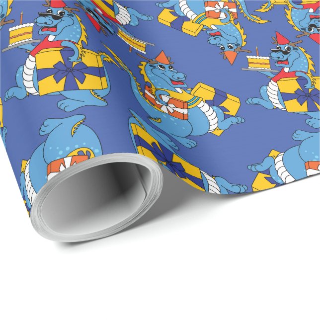 Blue Dragon Birthday Wrapping Paper Geschenkpapier (Rolleneckpunkt)