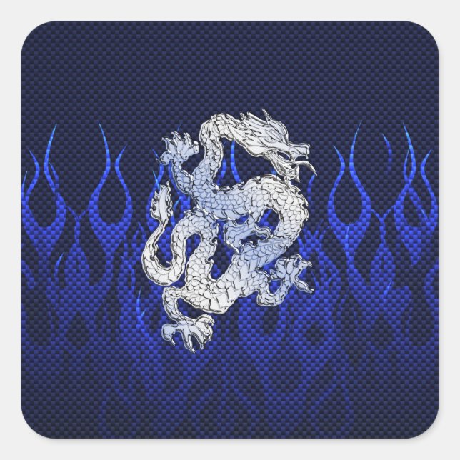 Blue Dragon in Chrome Carbon Fiber Stile Quadratischer Aufkleber (Vorderseite)