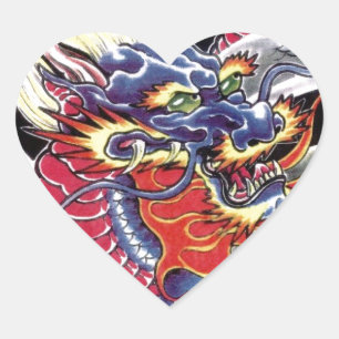 Blue Dragon Japanisches Tattoo-Design Herz-Aufkleber