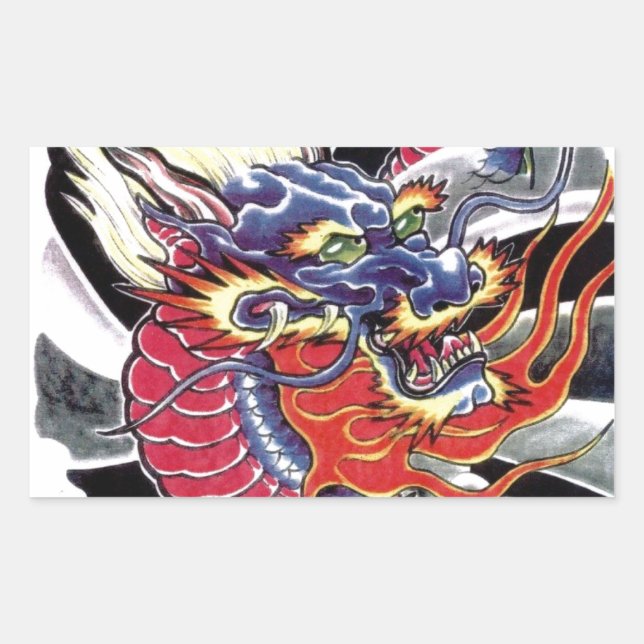 Blue Dragon Japanisches Tattoo-Design Rechteckiger Aufkleber (Vorderseite)
