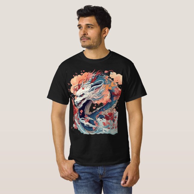 Blue Dragon with Blossoms and Clouds T-Shirt (Vorne ganz)