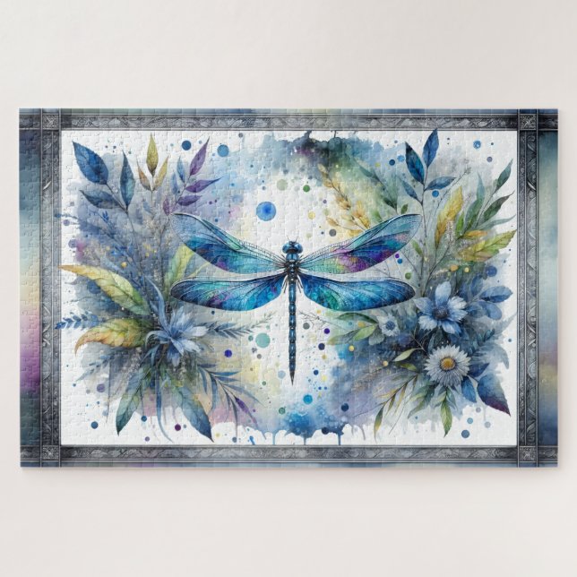 Blue Dragonfly Botanical Watercolor Puzzle (Horizontal)
