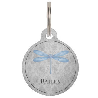 Blue Dragonfly Damask Round Pet Tag Haustiermarke