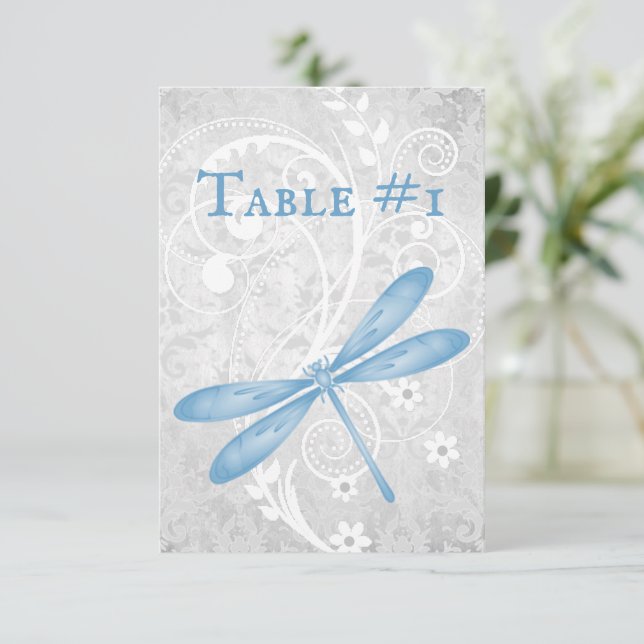Blue Dragonfly Wedding Table Card Einladung (Stehend Vorderseite)