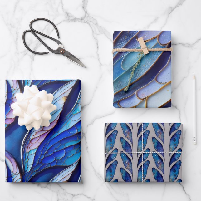 Blue Dragonfly Wings Wrapping Paper Flat Set 3 Geschenkpapier Set (Vorderseite)