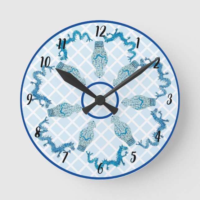 Blue Dragons Chinoiserie Ginger Jar Jars Runde Wanduhr (Vorderseite)