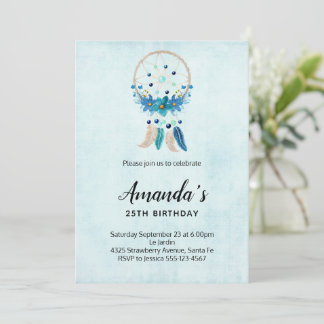 Blue Dreamcatcher mit Blume & Feathers Geburtstag Einladung