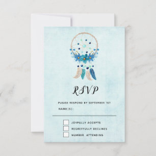 Blue Dreamcatcher mit Blume & Feathers RSVP Karte