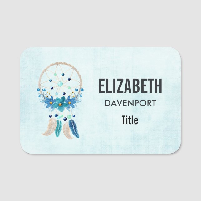 Blue Dreamcatcher Stylish Boho Design Namensschild (Vorderseite)