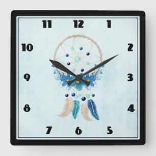 Blue Dreamcatcher Stylish Boho Design Quadratische Wanduhr