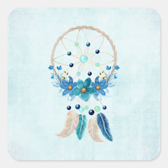 Blue Dreamcatcher Stylish Boho Design Quadratischer Aufkleber (Vorderseite)