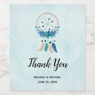 Blue Dreamcatcher Stylish Boho Design Wedding Weinetikett
