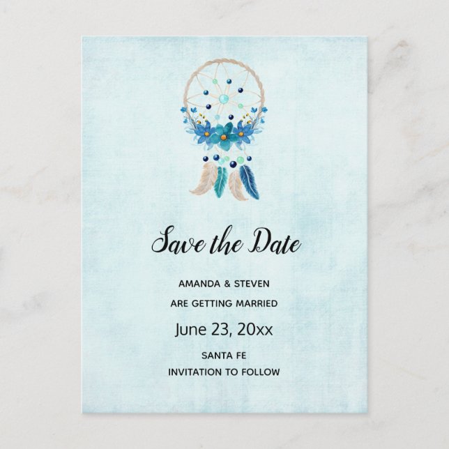 Blue Dreamcatcher Stylish Boho Save the Date Einladungspostkarte (Vorderseite)