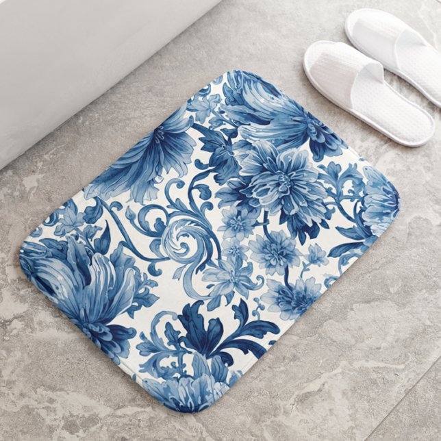 Blue Dreams | Floral Watercolor Chinoiserie Badematte (Von Creator hochgeladen)