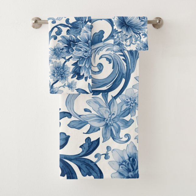 Blue Dreams | Floral Watercolor Chinoiserie Badhandtuch Set (Insitu)