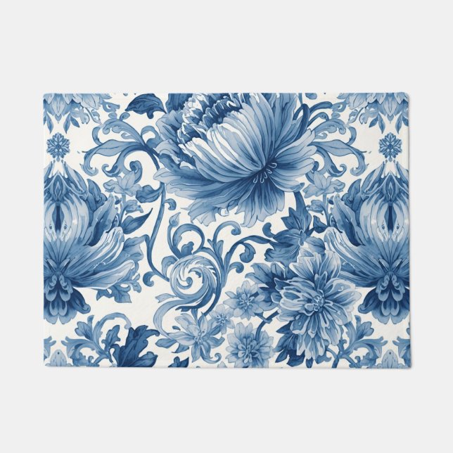 Blue Dreams | Floral Watercolor Chinoiserie Fußmatte (Vorderseite)