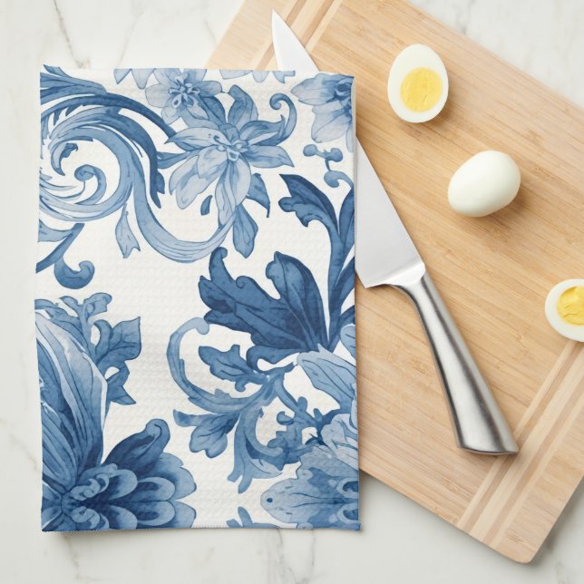 Blue Dreams | Floral Watercolor Chinoiserie Geschirrtuch (Viertel Falte)