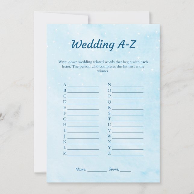 Blue Dreamy Wedding A-Z Brautparty Game Card Einladung (Vorderseite)