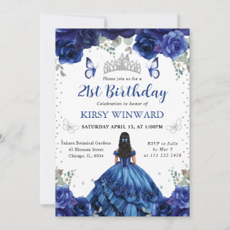 Blue Dress Black Hair Princess Birthday Einladung