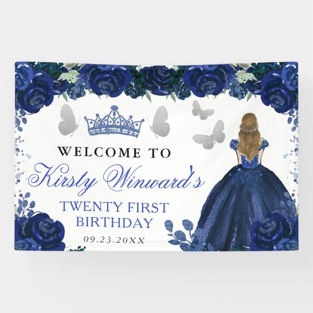 Blue Dress Blonde Haired Princess Floral Birthday Banner (Horizontal)