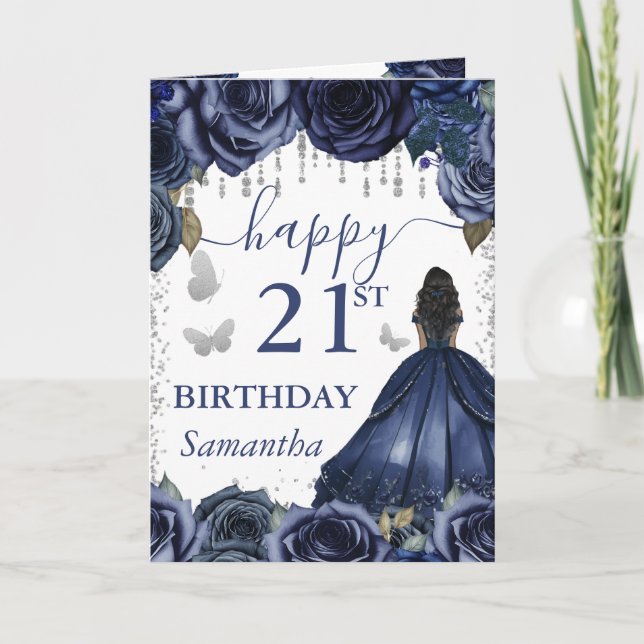 Blue Dress Dark Skin Princess Birthday Karte (Vorderseite)