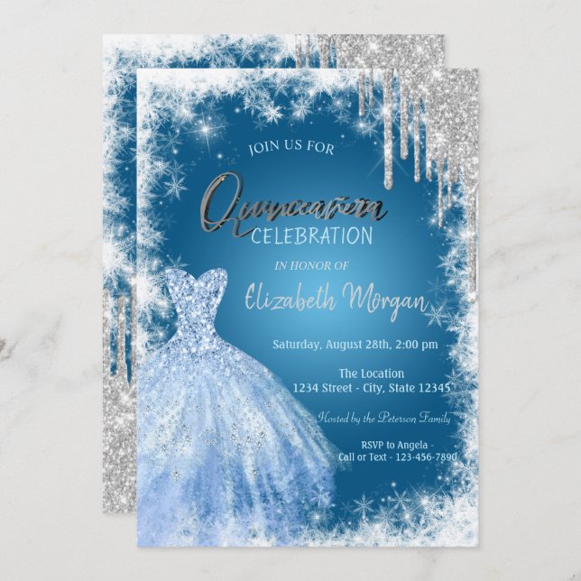 Blue Dress Glitzer Tropfens Quinceañera Einladung (Vorne/Hinten)