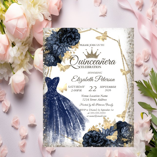 Blue Dress,Roses,Gold Butterflies Quinceañera Einladung (Von Creator hochgeladen)