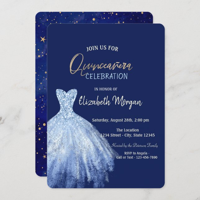 Blue Dress Stars Galaxy Navy Blue Quinceañera Einladung (Vorne/Hinten)
