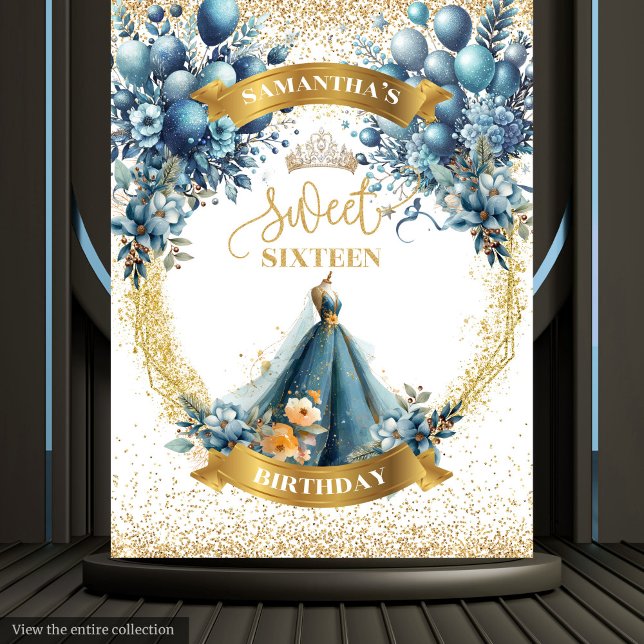 Blue Dress Sweet 16 Gold Glitzer Watercolor Banner Wandteppich (Blue Dress Sweet 16 Gold Glitter Watercolor Banner Tapestry)