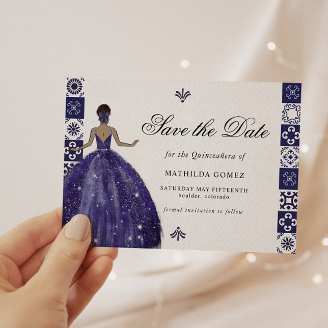 Blue Dress Wall Tiles Quinceañera Save the Date Einladung (Von Creator hochgeladen)