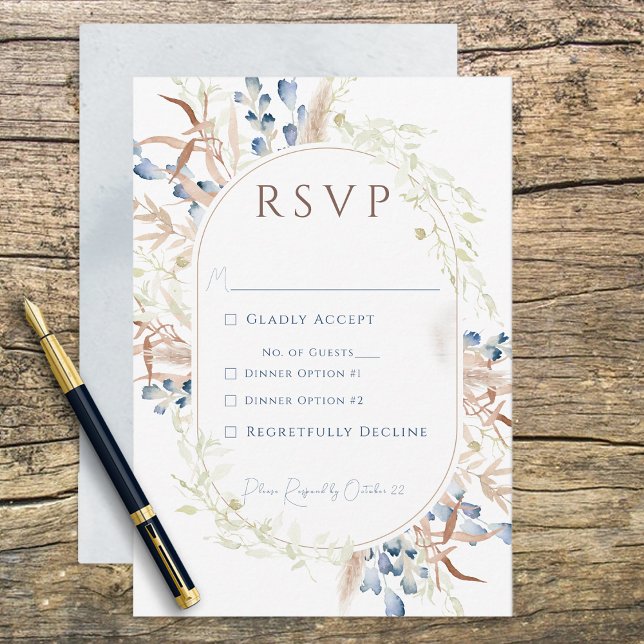 Blue Dried Boho Blume White RSVP Karte (Von Creator hochgeladen)