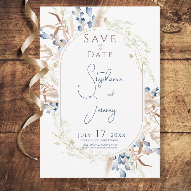 Blue Dried Boho Blume White Wedding Save The Date (Von Creator hochgeladen)
