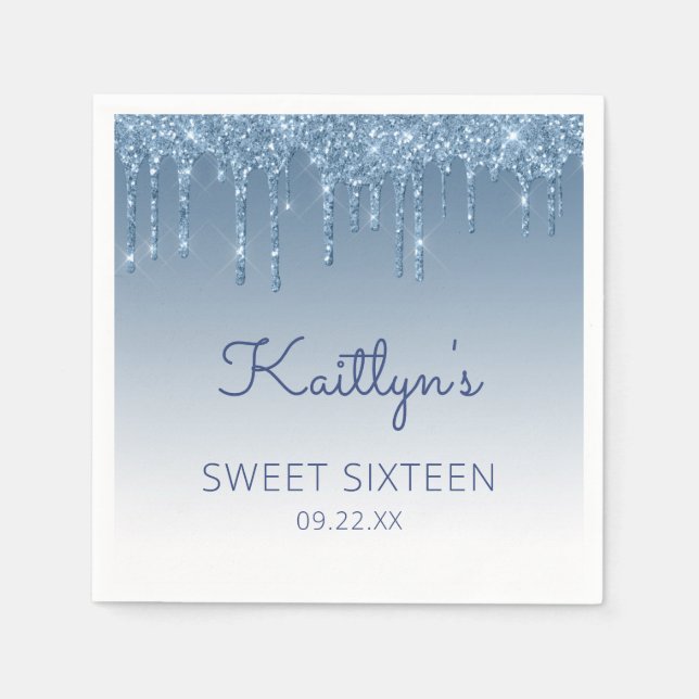 Blue Dripping Glitzer Glam Sweet 16 Party Serviette (Vorderseite)
