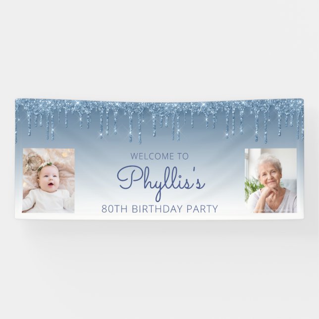 Blue Dripping Glitzer Two Foto 80. Geburtstag Banner (Horizontal)