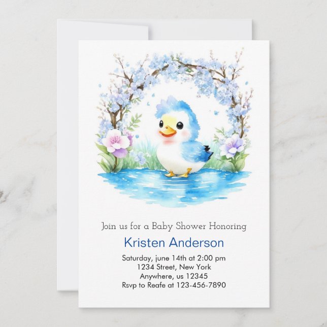 Blue Duckling Whimsical Watercolor Boy Baby Dusche Einladung (Vorderseite)