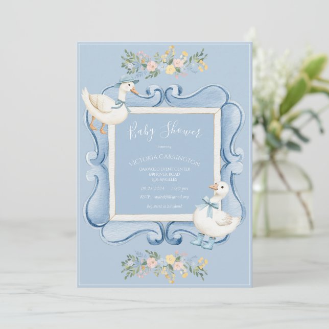 Blue Ducks Floral Vintage Baby Shower Einladung (Stehend Vorderseite)