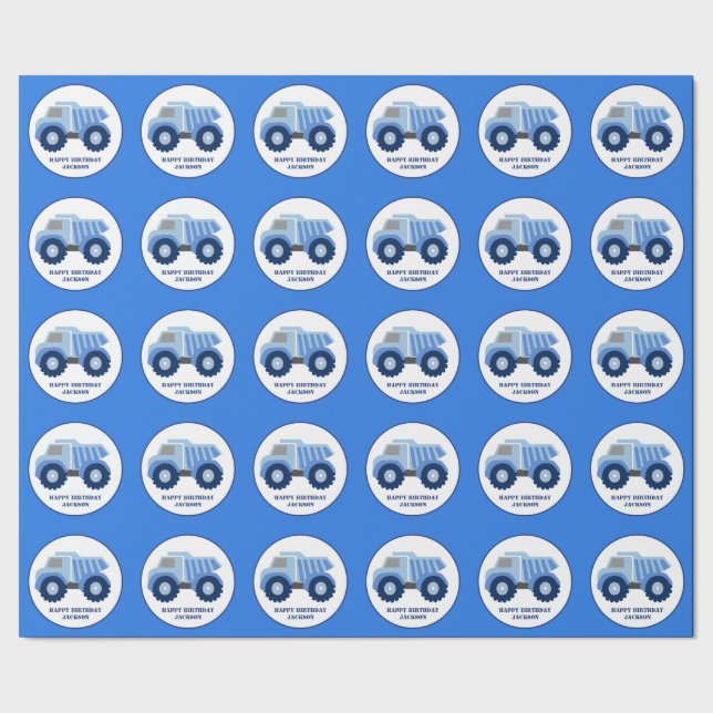 Blue Dump Truck Kid's Birthday Wrapping Paper Geschenkpapier (Saum)