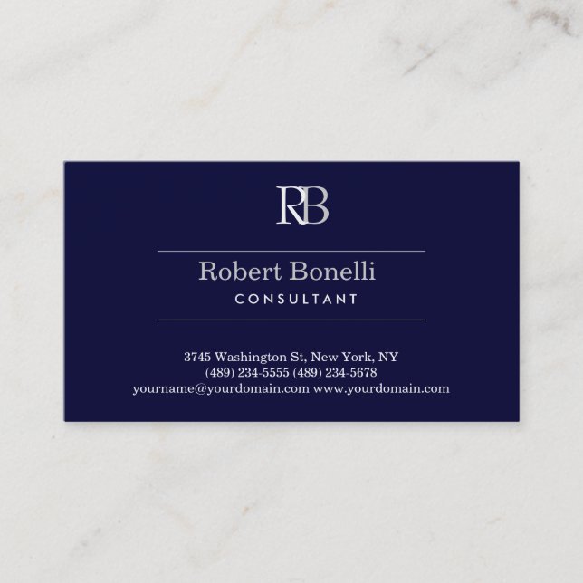 Blue Dunkel Gray Monogram Business Card Visitenkarte (Vorderseite)