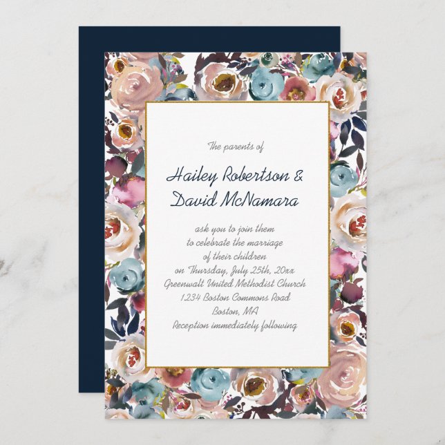 Blue Dusk Blue Mauve Gold Wedding | Einladung (Vorne/Hinten)