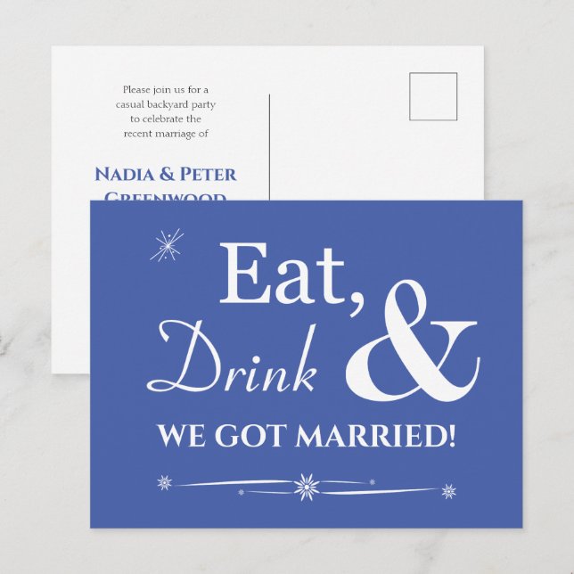 Blue Eat Drink Wir Got Verheiratet Retro Elopement Postkarte (Vorne/Hinten)