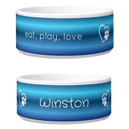 Blue 'eat, play, love' Dog Name Bowl Napf